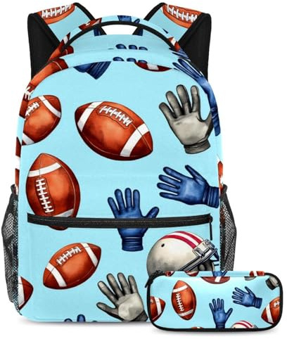 VAPOKF American Football-Helm-Handschuhe, Schulranzen-Set für Teenager, Mädchen, Jungen, Kinder, Schüler-Büchertasche, Rucksack mit Federmäppchen für die Grundschule