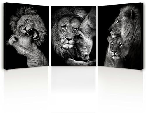 3er Set Leinwandbilder mit Rahmen – Schwarze Löwen Wandbilder in Schwarz Weiß, moderner Kunstdruck für Wohnzimmer, Schlafzimmer oder Flur, mit fixierten Haken und spurlosen Nägeln, je 30x40 cm