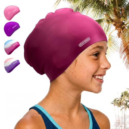 KIDVERSE Badekappe Kinder Lange Haare - Schwimmhaube Kinder mit Anti-Rutsch-Noppen - Badekappen für Schwimmer mit UV Schutz - Badehauben für Lange & voluminöse Haare