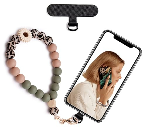 Lostars Silikonperlen-Handykette Kurz, Handyanhänger mit Handy Lanyard Pads, Elastische Handy Kette für freihändigen Gebrauch, für die Meisten Smartphones (Daisy Leopard)