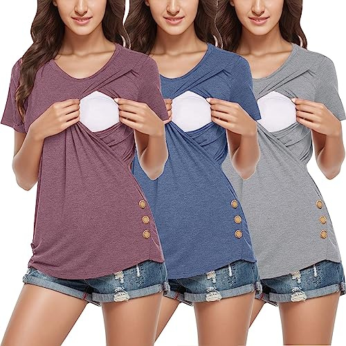 Damen Umstands-T-Shirt, kurzärmelig, seitliche Knöpfe, Rundhalsausschnitt, einfarbig, T-Shirt zum Stillen, 3er-Pack, Umstands-Top, Damen, Winter