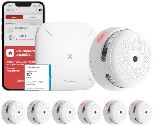 X-Sense Smart Rauchmelder XS01-M mit SBS50 Basisstation, Zertifiziert nach EN 14604, vernetzbare Funkrauchmelder mit WLAN, kompatibel mit der X-Sense Home Security App, weiß, FS61, 6 Stück