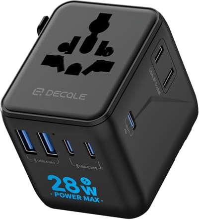 decqle Reiseadapter Weltweit, Universal Reisestecker mit 3 USB-C (28W), 2 USB-A und 1 AC Steckdose, Internationaler Steckdosenadapter, AC Adapter Universaladapter für EU, UK, US, AU (Schwarz)