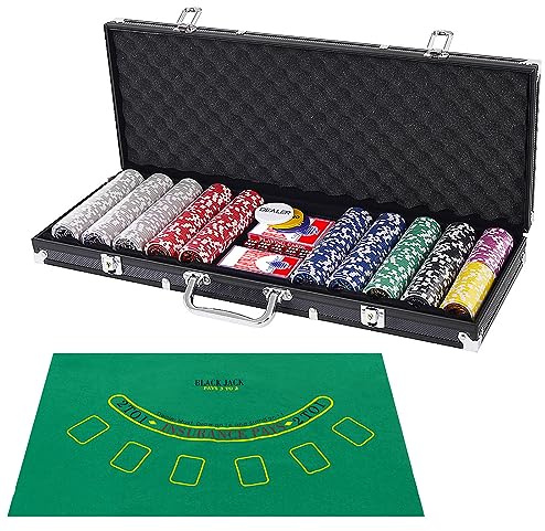 COSTWAY 500 Laser-Chips Pokerset, Poker Komplett Set mit 2 Spielkarten, 5 Würfel, 3 Händler-Chips und Tischtuch, Kasino Pokerkoffer Aluminium mit 2 Schlüsseln (Schwarz)