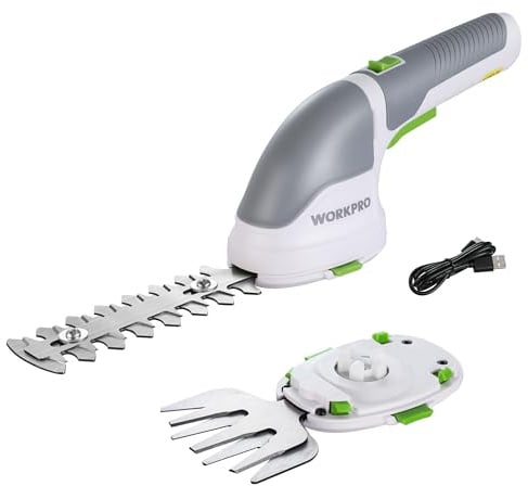 WORKPRO Gartenschere Akku 3,6V, handliche Grasschere und Strauchschere elektrisch mit 2 Messern 2.000mAh Akku und Typ C Kabel, 2 in 1 Rasenkantenschneider Schnittbreite 7.5cm, Schnittlänge 12cm