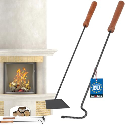KOTARBAU® Kaminbesteck 2-teilig - Schürhaken & Ascheschieber - Kaminofen Holzofen - Besteck Set Schwarz - Holzgriffe - Langlebig - Sicher - Funktional