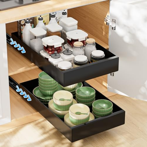 Vankarr Ausziehbare Schublade Küche Teleskopschublade, 2 Stück Schubladen Organizer Küche Ohne Bohren, Auszug Schublade 43x25x7 cm, Einfache Installation, Schwarz