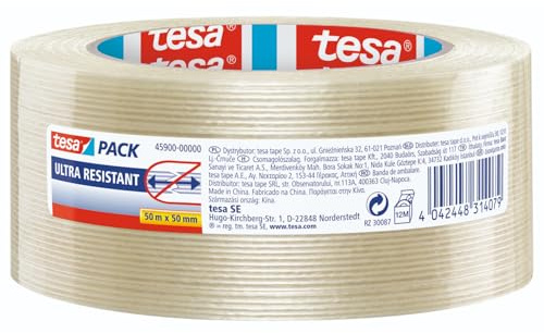 tesapack Ultra Resistant Filamentband - Ultra starkes Premium-Klebeband, glasfaserverstärkt - für schwere Kartons bis zu 30 kg und zur Transportsicherung - 50 m x 50 mm - Transparent