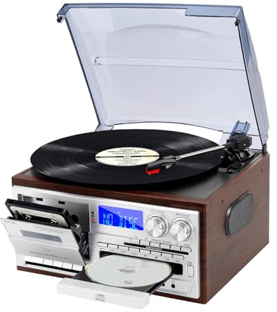 JORLAI 9-in-1 Plattenspieler Vintage Record Player mit Bluetooth, CD, Kassette, AM/FM-Radio, USB/SD-Kodierung, Aux Eingang, RCA Line Out Silber