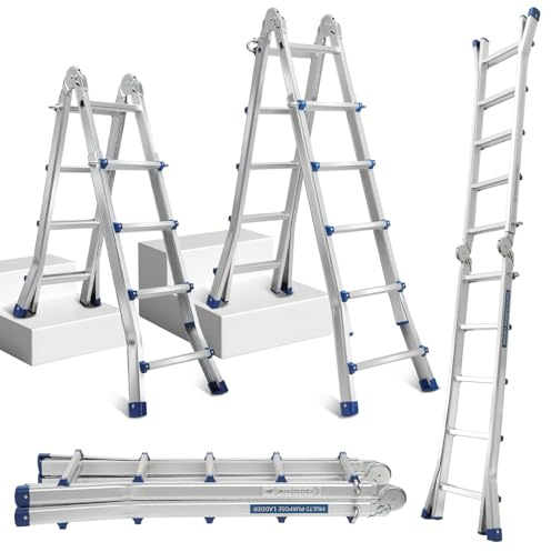 Lospitch Mehrzweckleiter, 513cm 4x5 Sprossen 3 in 1 Aluleiter Teleskopleiter Multifunktionsleiter, Einstellbar Rutschfester, Klappleiter, Anlegeleiter, Belastbar bis 150 kg
