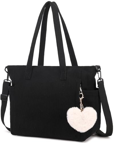 Makukke Cord Tote Bag Tasche Damen Umhängetasche Groß Shopper Handtasche Schultertaschen für Arbeit Büro Reisen Einkaufen Schule (Schwarz)