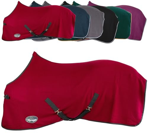 Marengos - Abschwitzdecke Economic mit Kreuzgurten (abnehmbar) | Pferdedecke mit Frontschnalle, Schweifkordel & Widerristpolster | atmungsaktive Fleecedecke | Pferde Zubehör in Granatapfel | 145cm