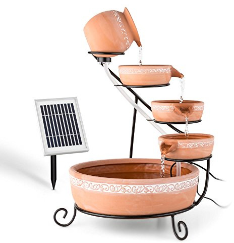 blumfeldt Empoli Gartenbrunnen - Kaskadenbrunnen, Solarbrunnen, 5 Ebenen, Terrakotta Gefäße, Weinlaub Musterung, Umlaufpumpe, 200 Liter/h Durchfluss, 2 Watt Solarpanel, braun