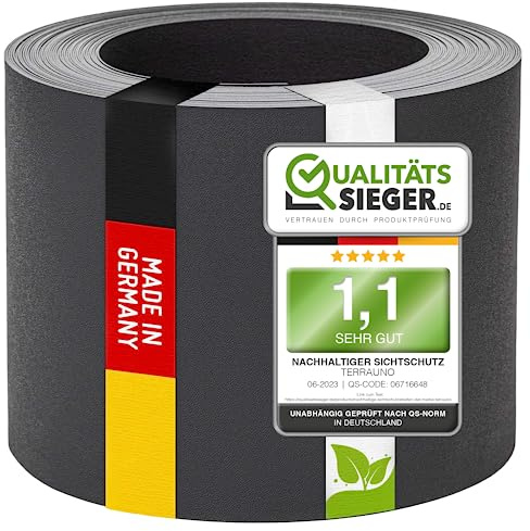 TerraUno Nachhaltige Sichtschutzstreifen für Doppelstabmatten, Polypropylen, Made in Germany, RAL 7016 Anthrazit, 26m x19cm Rolle, extra stabil, Lederoptik, Zaun Sichtschutz mit UV-Beständigkeit