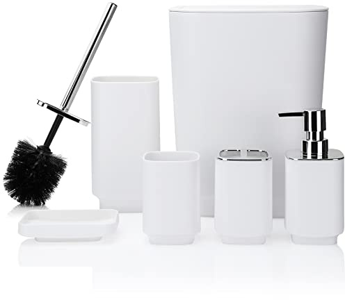 JOTOM 6-teiliges luxuriöses Kunststoff-Badezimmer-Zubehör-Set mit Mülleimer, WC-Bürste, Zahnbürstenhalter, Becher, Seifenschale und Seifenspender (weiß)