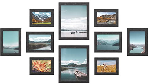 SONGMICS Bilderrahmen 10er Set, für 2 Fotos in 20 x 25 cm, 4 Fotos in 13 x 18 cm, 4 Fotos in 10 x 15 cm, Kunststoffscheibe, MDF, tintenschwarz RPF310H