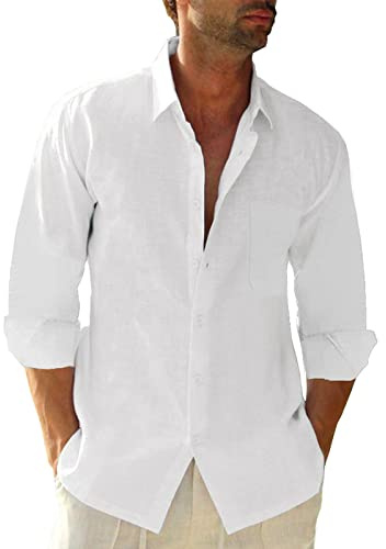 Friptspyg Leinenhemd Herren Langarm Baumwolle Leinen Hemd Herren Freizeithemden Casual Regular Fit Sommerhemd mit Tasche
