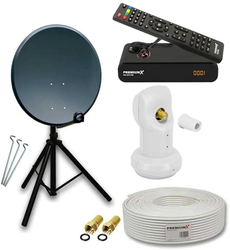 PremiumX Camping Satelliten-Komplettanlage 60cm Antenne Anthrazit SAT Single LNB Dreibein Stativ TV Kabel DVB-S2 HD Receiver