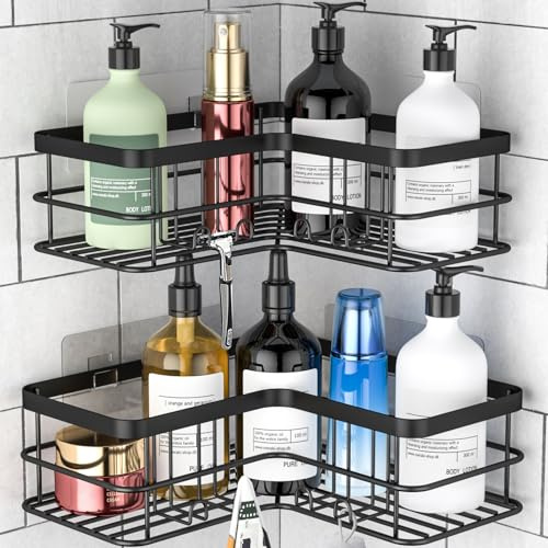 Yazoni Duschablage Ohne Bohren Ecke - 2 Stücke Shampoo Halterung für Dusche, Regale für Wände Badezimmer mit 8 Haken, Große Kapazitäten Rostfreier Duschkorb Schwarz