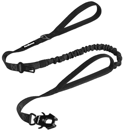 PetBonus Heavy Duty Taktische Hundeleine, 1,5m Bungee Hundeleine mit 2 Gepolsterten Griffen, Autosicherheitsgurt, No Pull Trainingsleine für Große und Mittlere Hunde (Schwarz)
