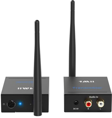 1Mii (1 TX + 1 RX) Drahtlos Audio Sender Empfänger, 2.4G Große Reichweite, Low Latency für HiFi-Musik von TV/PC zu Aktivlautsprechern/Stereo/Subwoofer/CD, Cinch-Ausgang/Eingang, 320ft