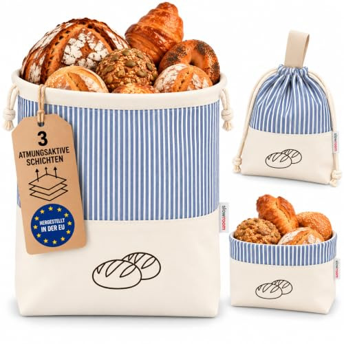 slowroom Brotbeutel 32 × 35 cm, Baumwolle, Atmungsaktiv, EU-Herkunft, Blau | Brotkorb Stoff, Brottasche, 3 Schichten mit Membran, Waschbar bei 40 °C, 3-in-1 Nutzung