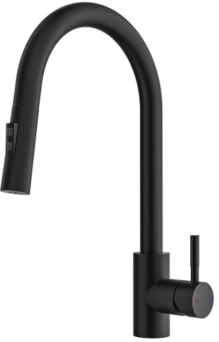 Rainsworth Schwarz Wasserhahn Küche mit Brause Ausziehbar - Hochdruck Küchenarmatur mit Zwei Wasserstrahlarten, Spültischarmatur 360° Drehung, Mischbatterie Küche aus Edelstahl Einfache Installation