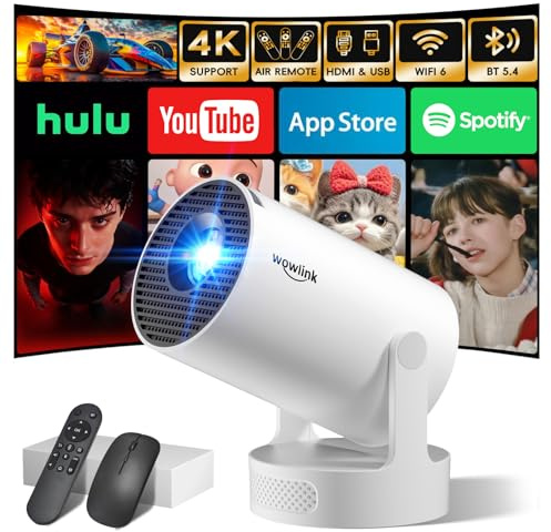 Mini Beamer 4K Full HD 1080P 2026 Neueste Eingebaute Apps 1080P FHD WiFi 6 BT 5.4 Auto Screen Keystone Korrektur Smart Projektor Tragbar Auto Horizontal Trapezoid Correction, Ultrakurzfokus, Weiß
