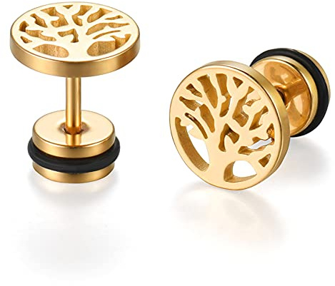 JewelryWe Schmuck Baum des Lebens Ohrstecker, Edelstahl Lebensbaum Runde Kreis Ohrringe für Herren Damen Tunnel Plug Ohrpiercing Barbell Stud Gold