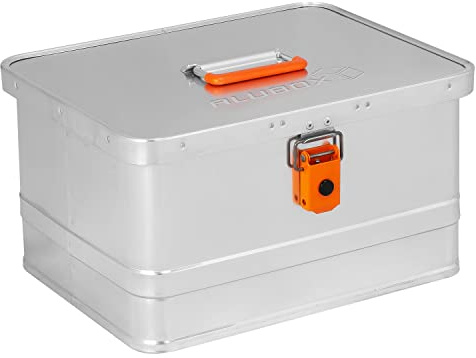 Alubox Werkzeugkiste EASY 29 Liter silber glänzend - orangne Schnallen - Griff oben - Außenmaße L 43,5 x B 35,5 x H 25 cm