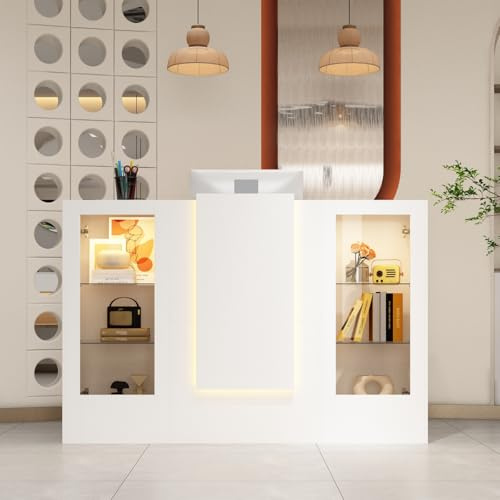 PREMTURE Empfangstresen Weiß 150cm mit LED & Glasvitrine – Kassentresen mit Tastaturschublade, 2 beleuchteten Schränken & 3 LED-Lichtleisten – Rezeptionstheke für Salon, Boutique, Büro, 150×100×52cm