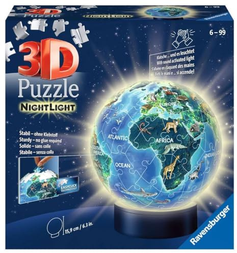 Ravensburger 3D Puzzle 11844 - Nachtlicht Erde bei Nacht - Puzzle-Ball Kinderglobus mit LED Leuchtsockel inkl. Klatsch-Mechanismus - Geschenkidee für Kinder ab 6 Jahren