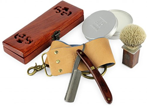 A.P. Donovan - Luxus 7/8 Rasiermesser mit Damast-Klinge und Mahagoni Holzgriff (inkl. Rasierseife, Rasierpinsel, Streichriemen) Geschenke für Männer - Geschenkset