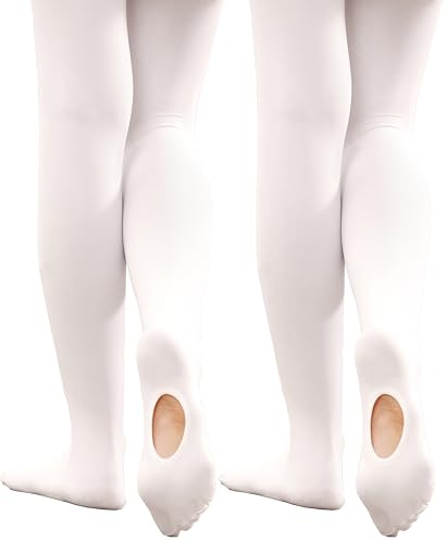 Hiltzo Mädchen Ballett Strumpfhosen Ballettstrumpfhose Tanzstrumpfhosen für Mädchen Strumpfhose mit Sohlenlöcher（2Paar Weiß, 146-164）