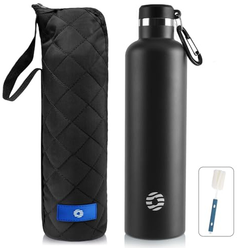 FEIJIAN Trinkflasche Edelstahl 750ml mit Karabiner - auslaufsicher Thermosflasche für Kohlensäure Kaffee Tee, BPA-Frei Sport Outdoor Wasserflasche für Sprudel/Uni/Schule/Camping/Fahhrad