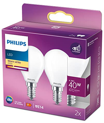 Philips LED Classic E14 Lampen 2er Pack (40 W), matte LED Lampen mit warmweißem Licht, energiesparende LED Beleuchtung mit langer Nutzlebensdauer, weiß, Weiss/Opulenter Garten
