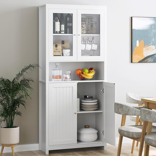 FOREHILL 190cm Bücherregal Vitrinenschrank mit Türen Hochschrank Wohnzimmer Buffetschrank Esszimmer Mehrzweckschrank weiß 84x32x190cm