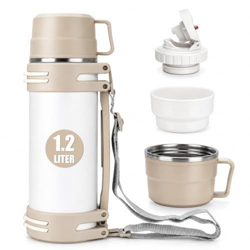Thermosflasche 1,2L, Thermoskanne mit 2 Becher, Doppelwand aus Edelstahl Isolierflasche, Auslaufsicher Groß Thermoskanne Camping Oder Wandern mit Robuster Griff & Tragegurt, 18h heiß/24h kalt Weiß