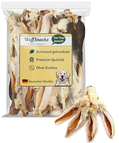 Getrocknete Kaninchenohren mit Fell, 1kg, Hasenohren für Hunde, 100% natürliches Leckerli, Barf Hundesnacks, Kauartikel Hund, Rabbit Ears von Wuffsnacks