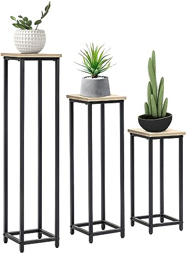 Outsunny 3er-Set Pflanzenständer, 50/70/90cm hoch Stapelbar Blumenständer für Innen Außen, Blumenhocker aus Stahl, Blumentopfständer für Wohnzimmer, Garten Balkon, Schwarz+Natur