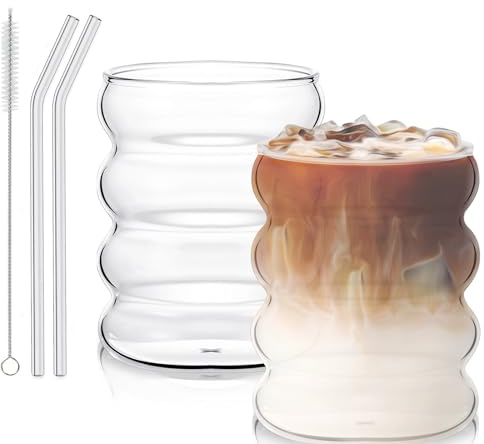 Gebrazy Gläser-Geriffelte Gläser-300 ml Kaffee Gläser set of 2 with Glasstrohhalme-Gerippte Trinkgläser-Wave Glas für Gastronomie, Wasser, Saft, Bier, Universalgläser (2PCS-Transparent)