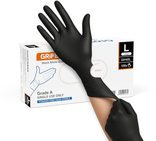GRIFEMA Einmalhandschuhe 100 Stück, Schwarze Nitrilhandschuhe Größe L, puderfrei & latexfrei – Zertifizierte Arbeitshandschuhe für Küche, Industrie, Mechanik & Beauty