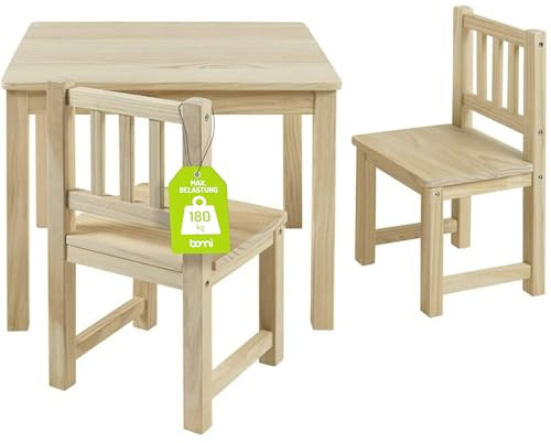 Bomi Kindersitzgruppe Holz Amy | Kindertisch mit 2 Stühlen | Tisch & Stühle Kinderzimmer Set | Kindertisch für drinnen | Maltisch & Basteltisch Kinder | Kindermöbel Holz Naturbelassen