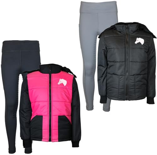 MS-Trachten Reitset Kinder Reitjacke Mia schwarz gesteppt mit Silikon-Vollbesatz Reitleggings Grau