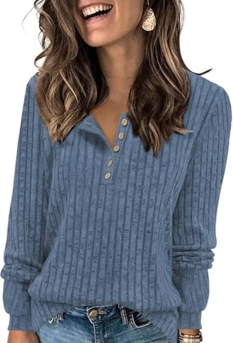 Tanmolo Damen Pullover Herbst Elegant Henley‑Ausschnitt Strickpullover | Henley‑Ausschnitt Langarmshirt,Herbst,Elegant Dünne Pulli,Langarm Sweatshirt,Locker Oberteile,Longpullover