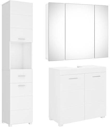 FOREHILL Badmöbel Set weiß, 3 Teile, mit Waschbeckenunterschrank, Hochschrank, Spiegelschrank