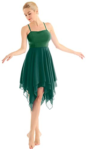 dPois Damen Tanzkleid Ballett Kleid Ärmellos aus Chiffon Swing mit Spaghettiträger Asymmetrische Tanzkostüme Latein Rumba Tango Kleid Ballsaal Dancewear