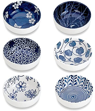 Keramik Saucenschalen,Blau und Weiß 80 ml Mini Gewürzschale Snackschalen Dessertschale Set 6er Pack, Dipschalen für Soja Sauce, Beilage Servierschale (7.5cm)