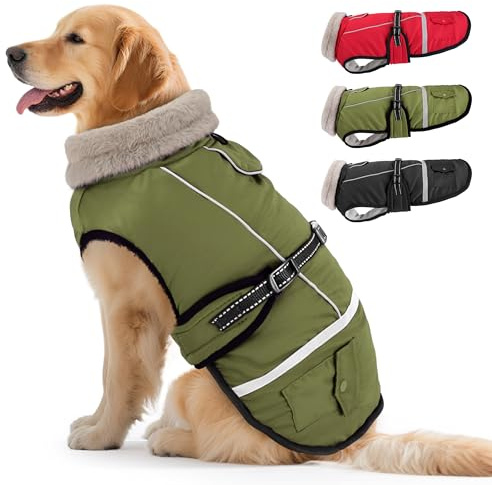 Woiil Hundemantel Wintermantel, Hundejacke Wasserdicht für Grosse Hunde mit Verstellbaren Schultergurten, Warm Hundemantel aus Fleece, Reflektierende Streifen,Geeignet für Labrador Olivgrün, XL