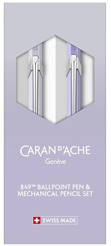 Caran d’Ache Schreibgeräte-Set BLOOMING LAVENDER – Druckkugelschreiber & Minenhalter, sechseckiger Aluminium-Schaft, Farbverlauf Flieder-Grau, Nachfüllbar, Geschenkbox